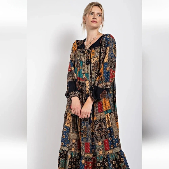 New! Easel Vintage Boho Patchwork Printed Challis Maxi Dress - Picture 3 of 5